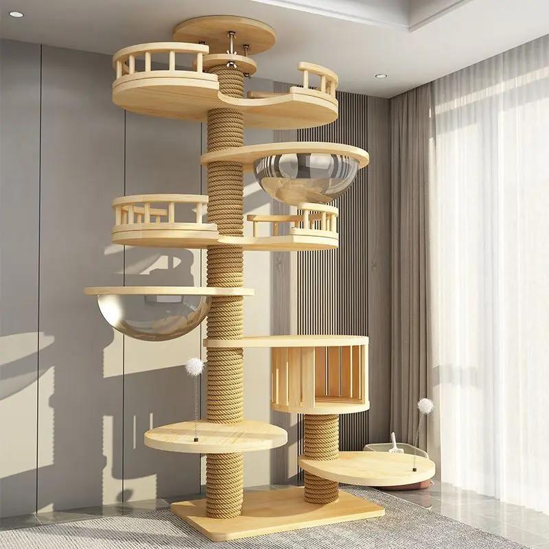 Eco-Friendly Solid Wood 5-Level Modern Cat Tree 60cm Height Non-Intrusive Punch-Free Assembly Living Room Cat Climbing Frame