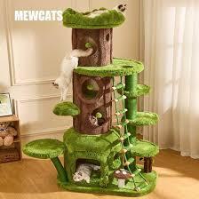 Modern multi-tiered cat climbing frame with scratching posts, a cat bed, and a hammock, suitable for indoor cats.